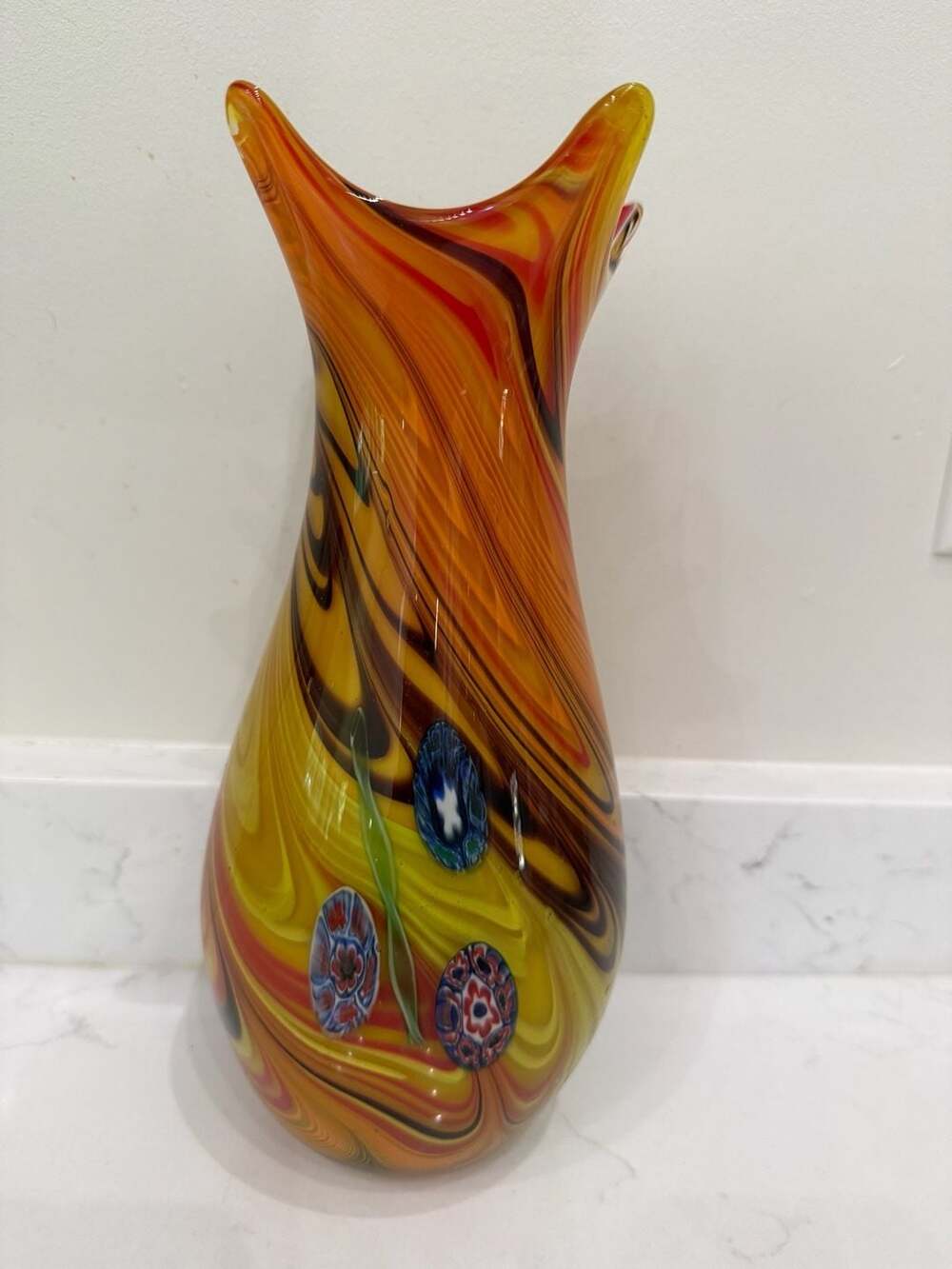 Vintage Murano Style Swirl Art Glass Vase with Millefiori Accents